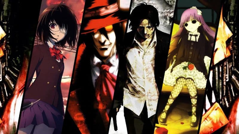 Ilustração flat com personagens de animes de terror e elementos assustadores em tons escuros