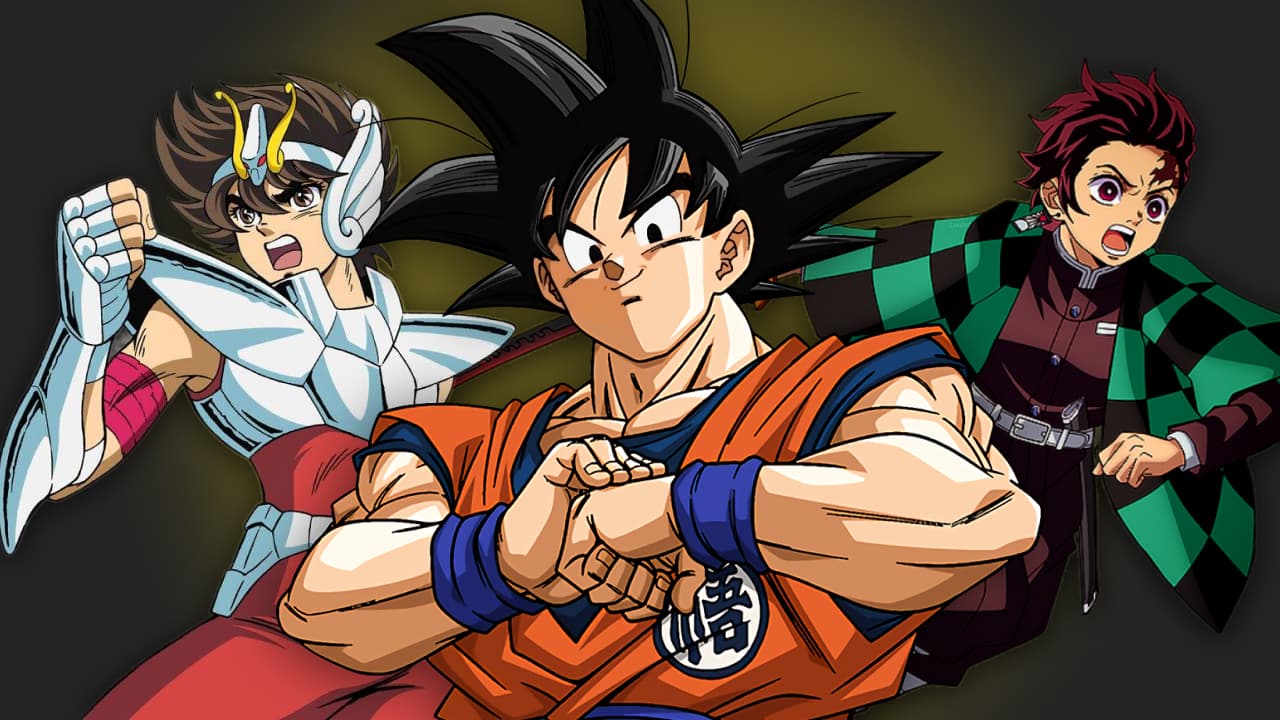 Ilustração flat corporate de jovens assistindo animes em tela grande, com elementos icônicos de animes ao redor e ambiente divertido e colorido